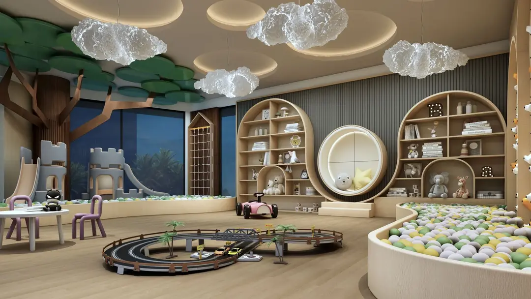 Modern living area with wooden divider